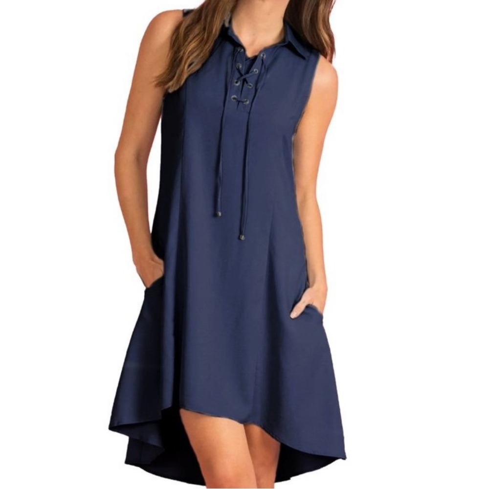 NWOT Simply Noelle Navy Sleeveless High Low Hem Dress with Lace-up Size XS